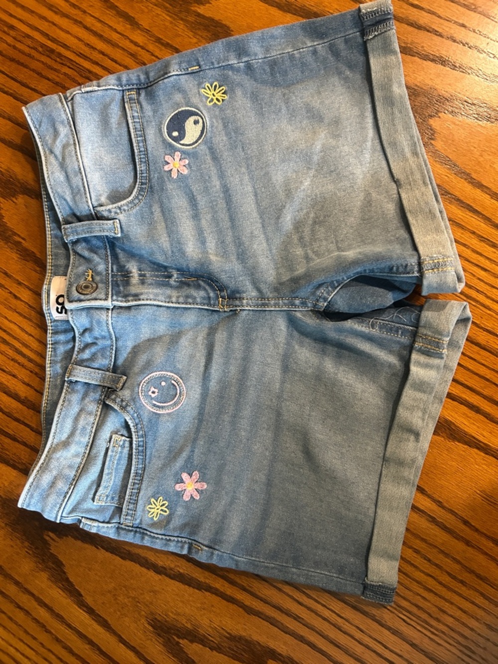 SO Light Blue Denim Shorts with Smiley & Flower Embroidery